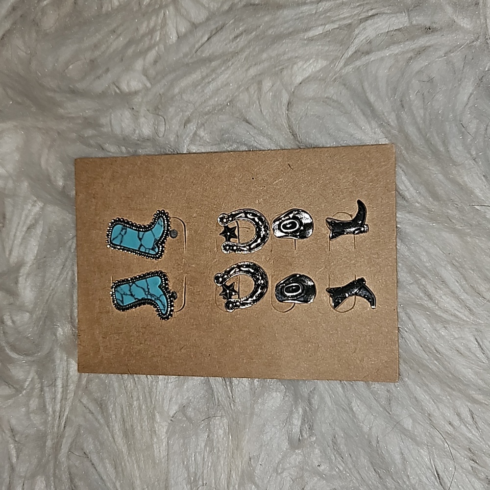 Western Boot and Horseshoe Earring Set - Turquoise and Silver